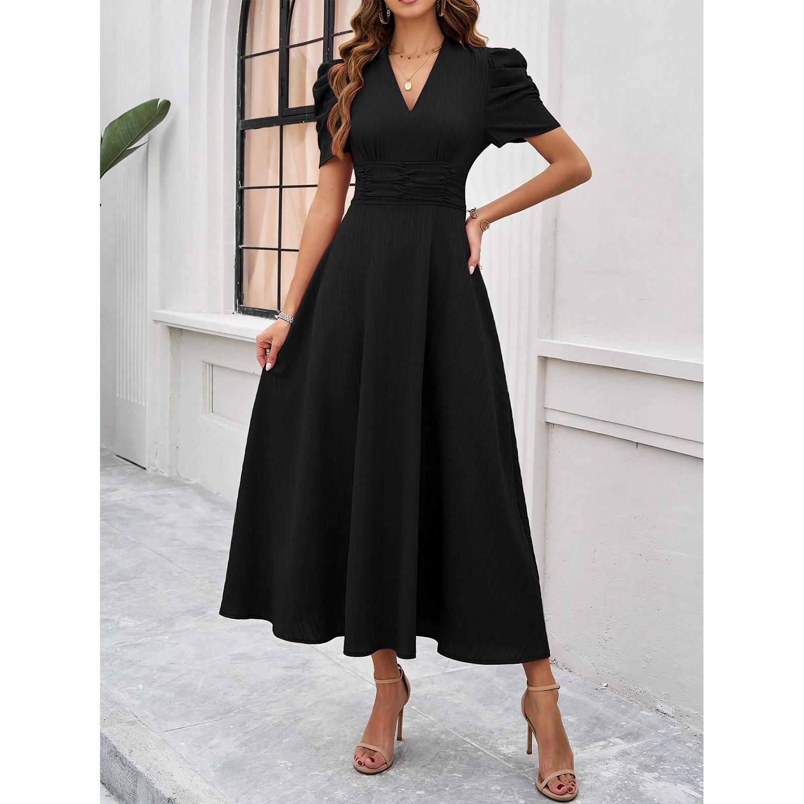 Women's V-Neck Puff Short Sleeve Midi Dress - Breathable, Lightweight, Comfortable Casual Cocktail Style with Ruched Waist, A-Line Flowy Swing, Ideal for Party, Dresses for Women, Wedding Guest, Wedding Dresses Guest