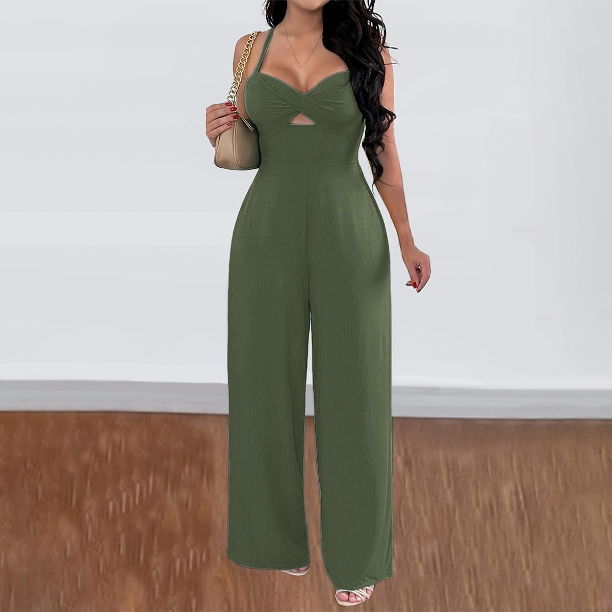 Women Spaghetti Strap Jumpsuit Twist Front Cutout Criss Cross Tie Back Wide Leg Elastic Waist Sleeveless Summer Party Romper