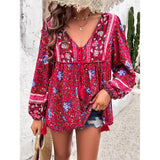 Women's Chic Bohemian Floral Print Blouse - Elegant V-Neck Drawstring Tassel Tie, Long Lantern Sleeves, Loose Comfortable Ethnic Shirts for Summer Beach Vacation Style