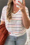 White Stripe V Neck Casual Plus Size Tee