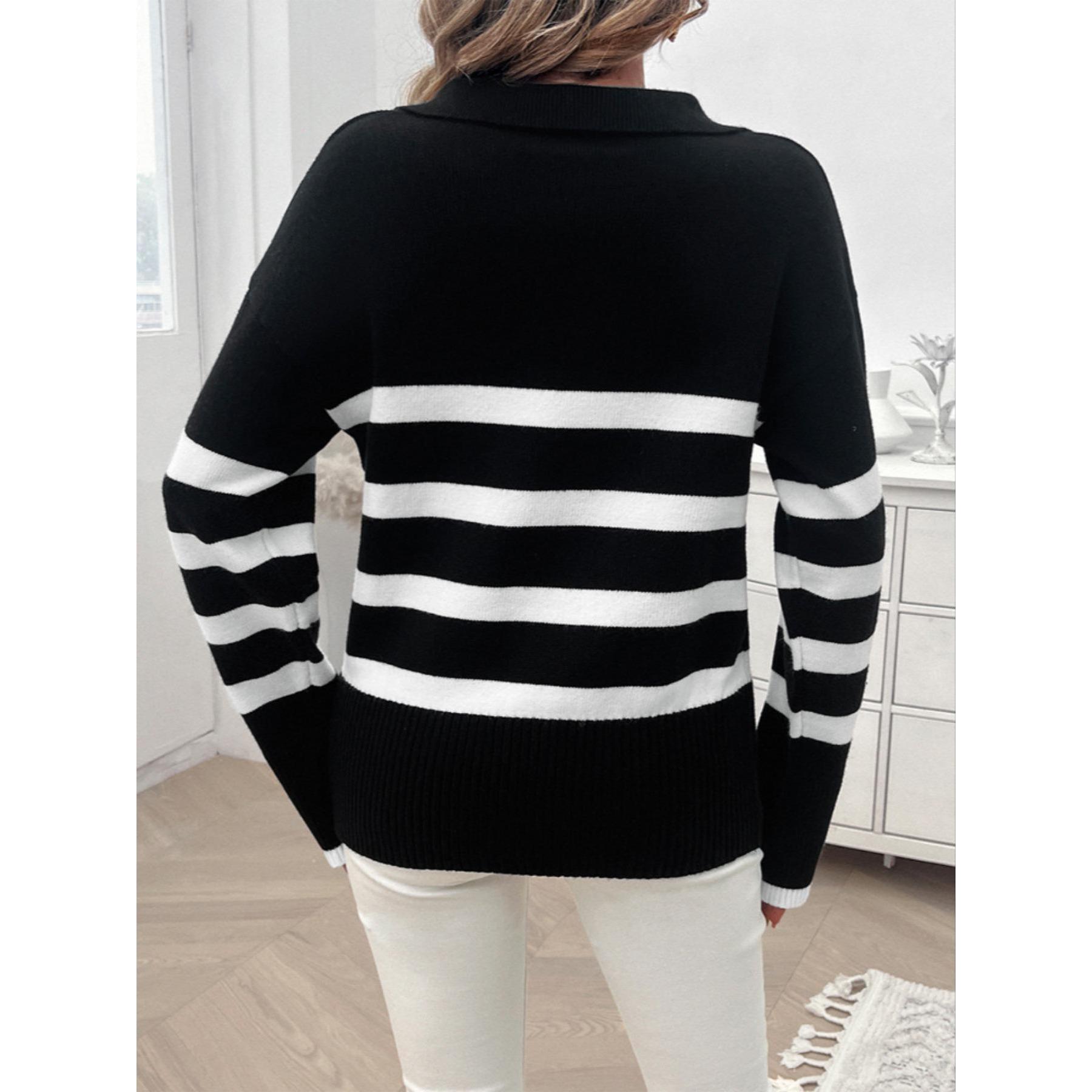 Women Polo Collar Striped Knit Sweater, Long Sleeve Color Block Loose Fit Fall Winter Casual Pullover Top