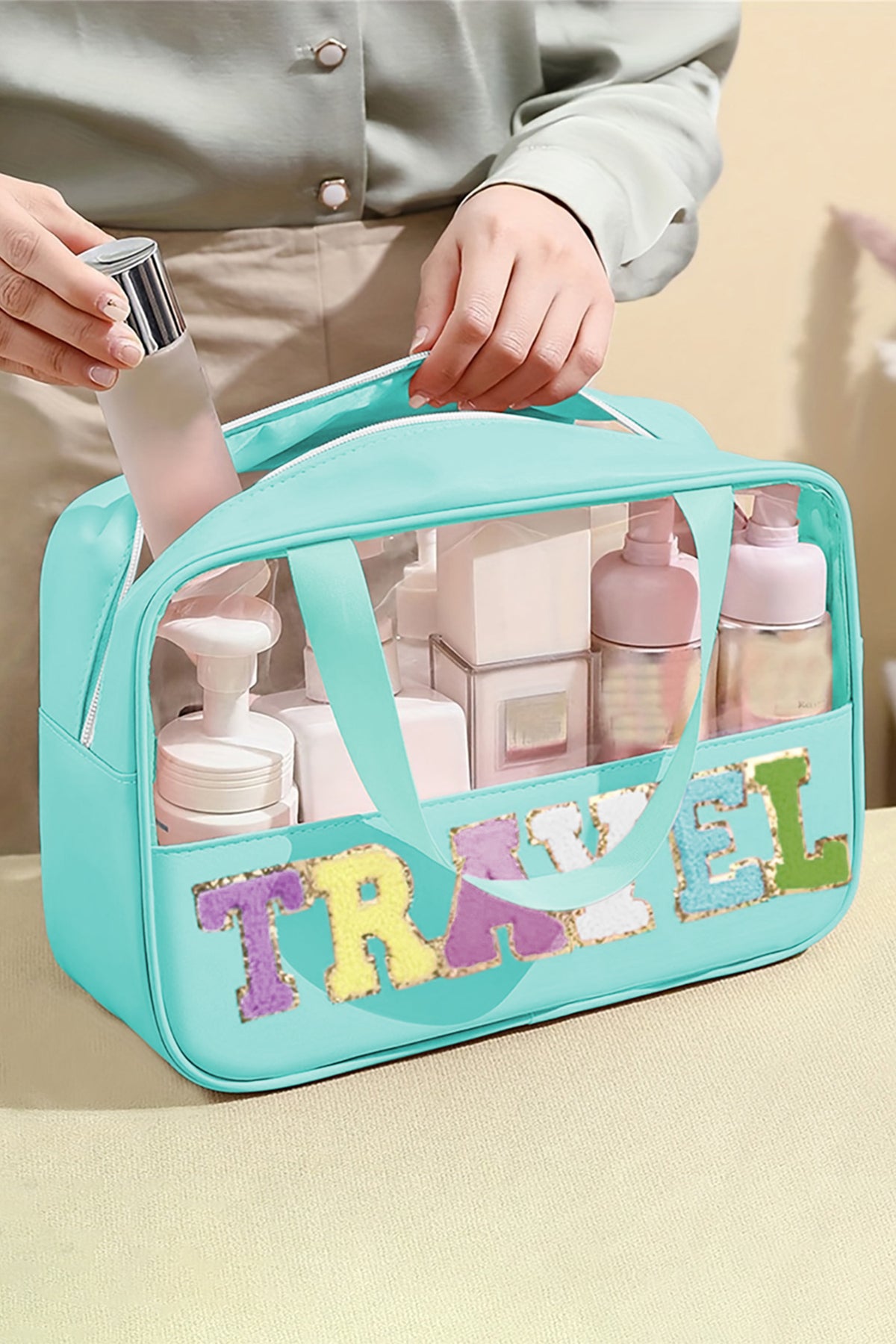 Mint Green TRAVEL Chenille Letter Clear PVC Makeup Bag