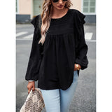 Women's Soft Feminine Swiss Dot Blouse - Long Sleeve, Round Neck with Lace Cutout, Loose Flowy Casual Comfy Boho Tunic Top with Soft Fabric