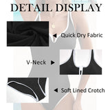 Women's Comfortable Well-Fitted Slim-Fit 1-Piece Bikini Swimming Suit - Synthetic Elastane, Deep V Neck, Contrast Trim, Fashion Design, Black, Breathable, Waterproof, Machine Washable Beach Sports Swimwear