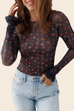 Dear Lover Black Floral Print Smocked Cuff Slim Fit Mesh Bodysuit