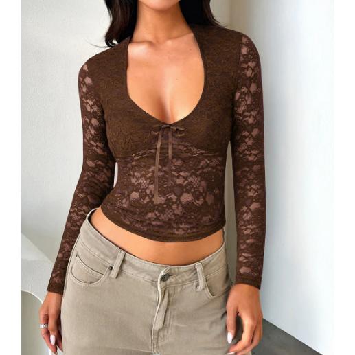 Women's Sheer Floral Lace Cropped Blouse - Light Fabric, Deep V-Neck, Front Tie, Long Sleeve, Slim Fitted, Y2K Sexy Lady Going Out Top, Styling-Compatible with Cargo Pants