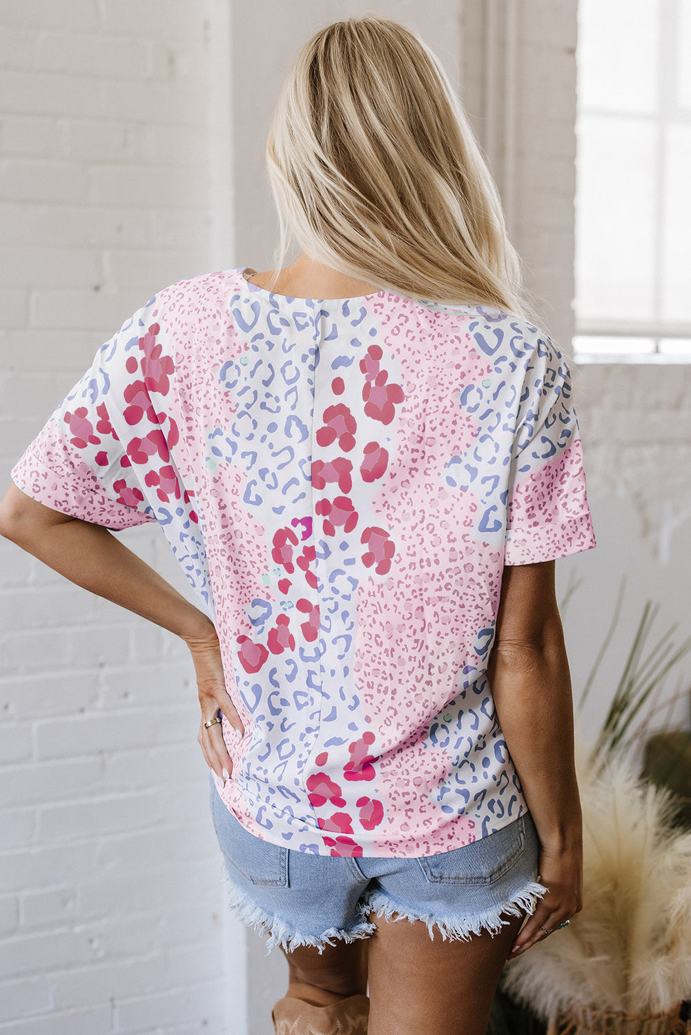 Sky Blue Mixed Leopard Print V Neck Short Sleeve Blouse