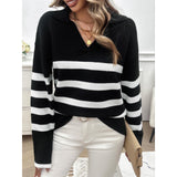 Women's Soft Ribbed Striped Polo Collar V-Neck Long-Sleeve Loose Drop-Shoulder Casual Pullover Tops - Fall Winter Sweaters, Striped Sleeve Pullovers