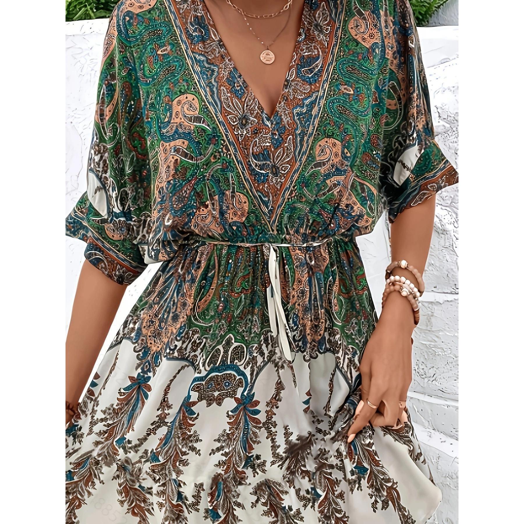 Women's Vintage Loose Boho Casual Paisley Print Mini Dress - Deep V-Neck, Batwing Sleeves, Drawstring Waist, Tiered Ruffled Hem, Gradient Fabric Summer Beach Vacation Dress