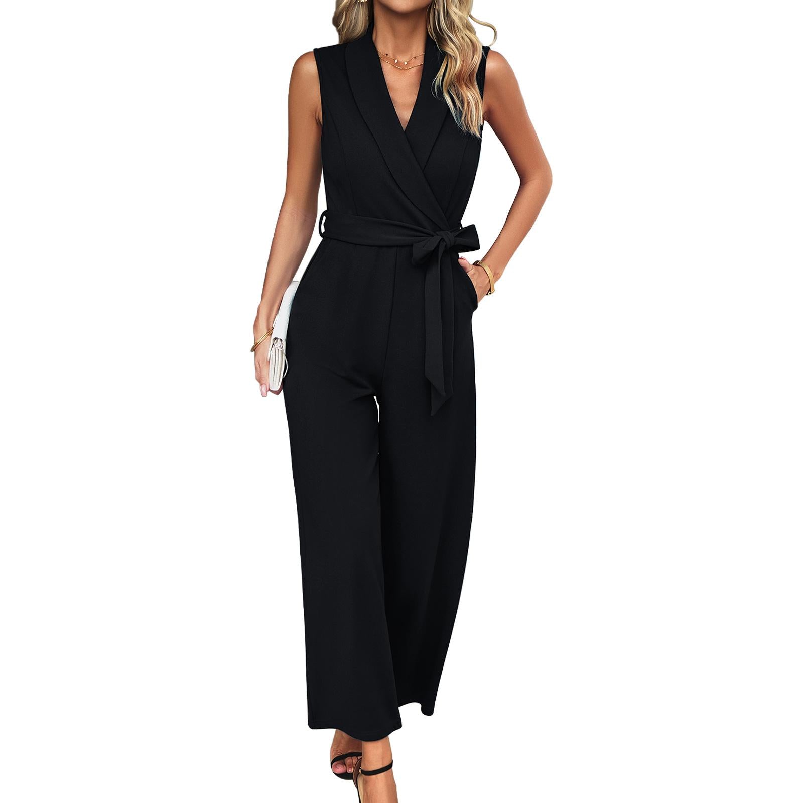 Women's Collared Neck Sleeveless Long Elastane Solid Overalls - Minimalist Classic Casual Chic Comfortable Business Jumpsuit, Spring-Summer Commuting Workwear Essential