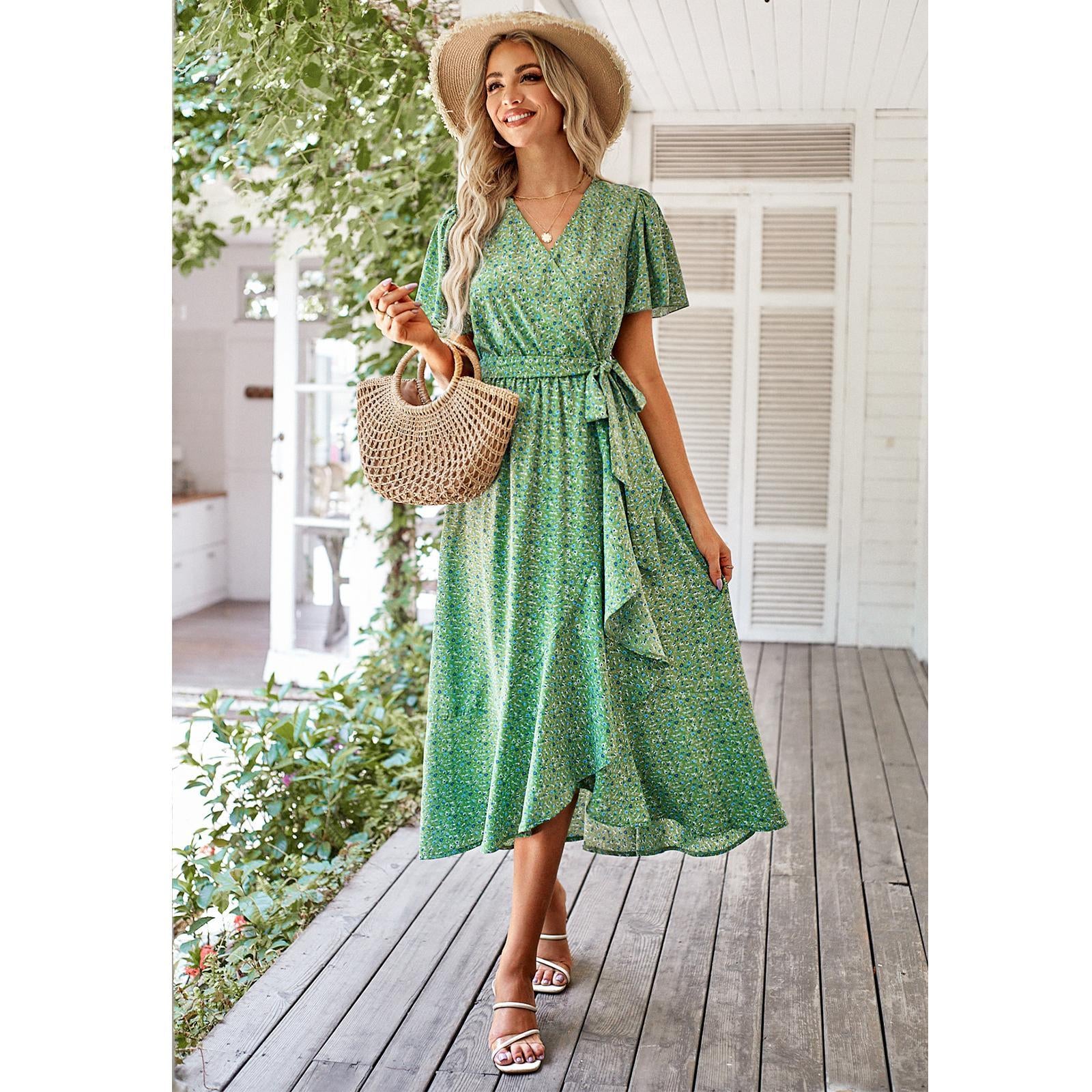Women's Fitted V-Neck Floral Wrap Casual Midi Dress - Flutter Short Sleeves, Tie Waist, Irregular Ruffle Hem, Gorgeous Bohemian Fabric for Summer Beach Wear