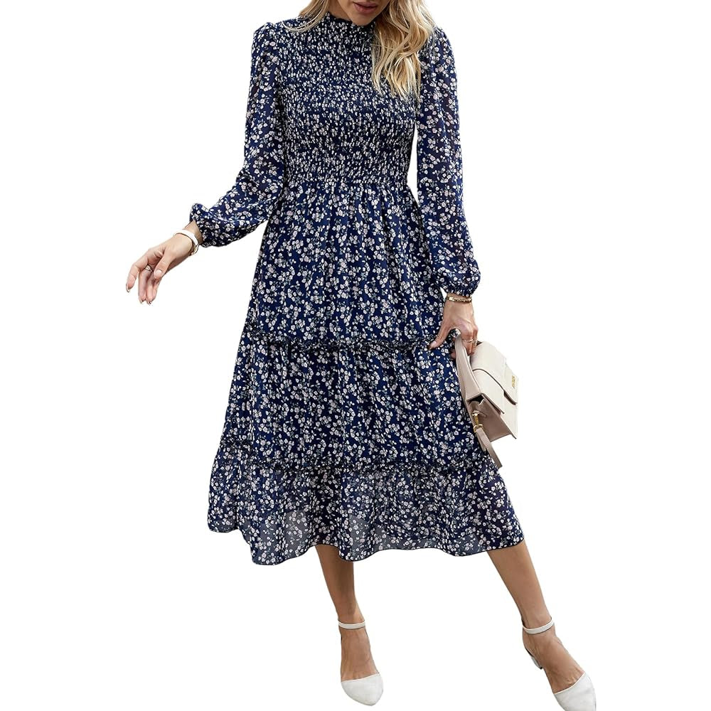 Women's Ditsy Floral Chiffon Midi Dress, Long Sleeve High Neck Smocked Tiered Ruffle Flowy Boho Dress for Spring Fall