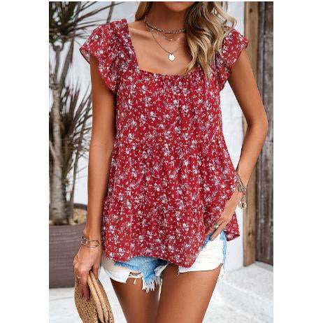 Women Ditsy Floral Square Neck Blouse Ruffle Cap Sleeve Tiered Flowy Babydoll Top Casual Summer Vacation Chiffon Shirt