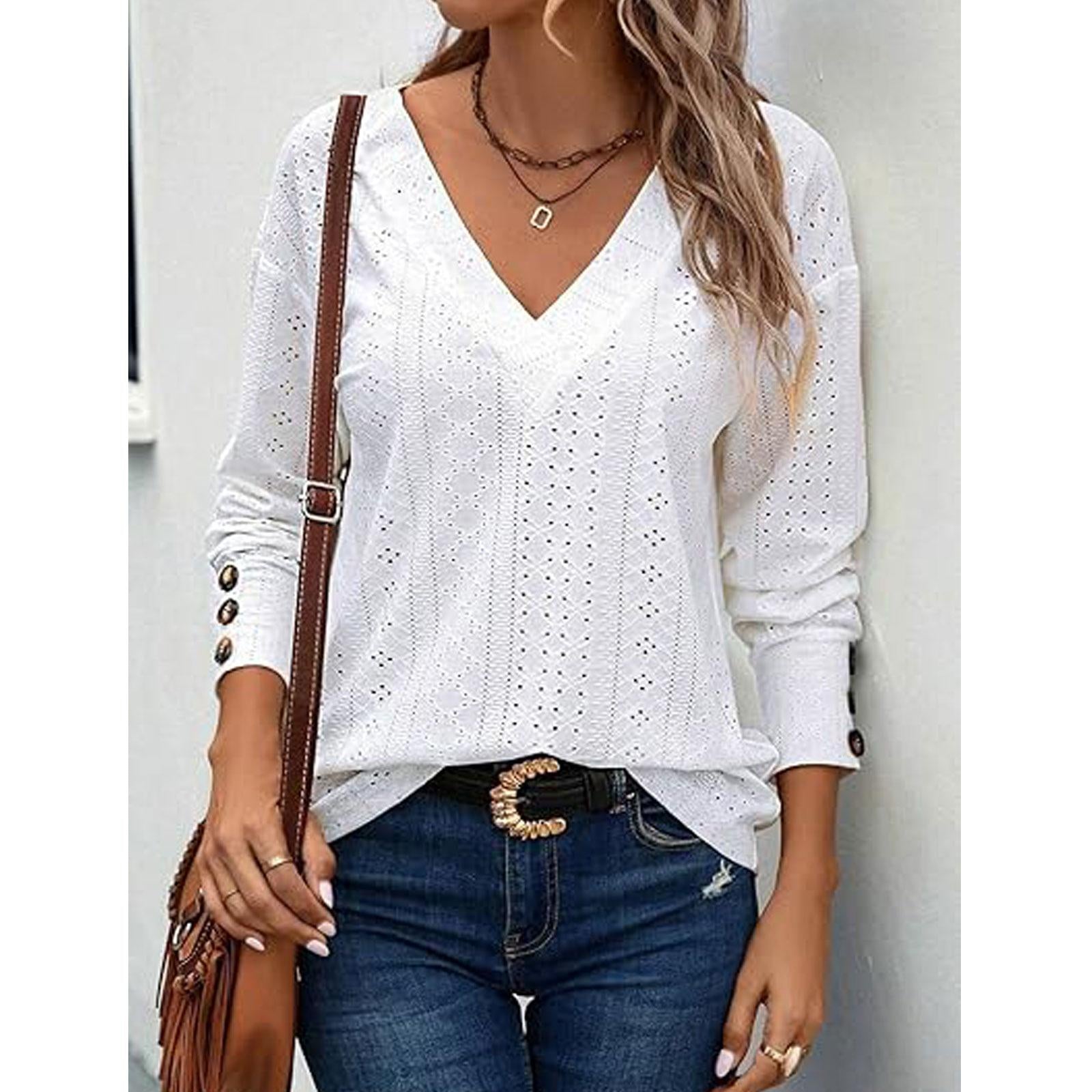 Women's V Neck Long Sleeve Eyelet Hollow Out Top, Decorative Button Cuff Loose Casual Solid Color Blouse