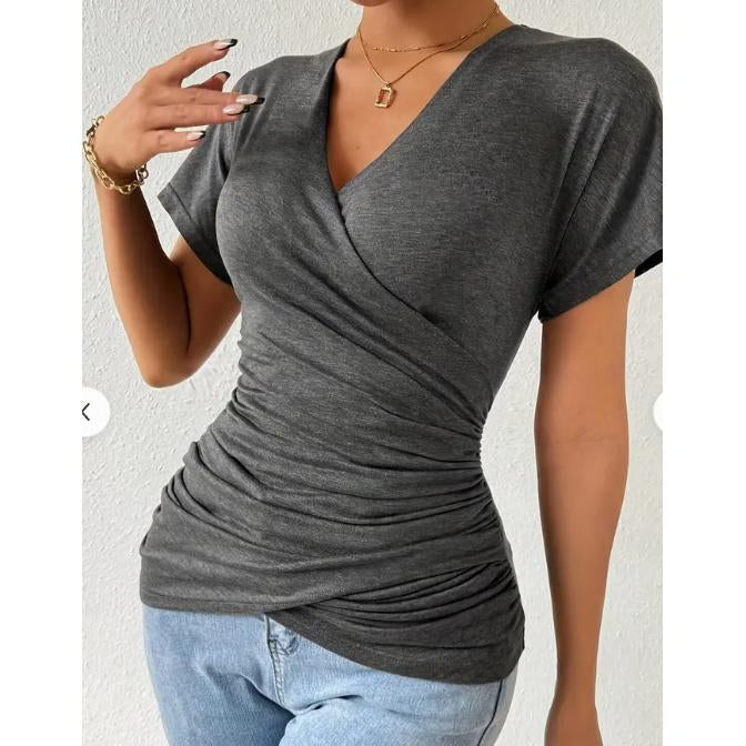 Women Surplice Wrap V Neck Short Sleeve Top, Ruched Waist Slim Fit Casual Solid Color Tee, Summer Elegant T Shirt Blouse for Daily Outing