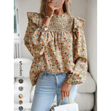 Women's Gorgeous Ditsy Floral Print Polyester Blouse - Smocked Mock Neck, Ruffle Balloon Long Sleeves, Everyday Bohemian Casual Shirt