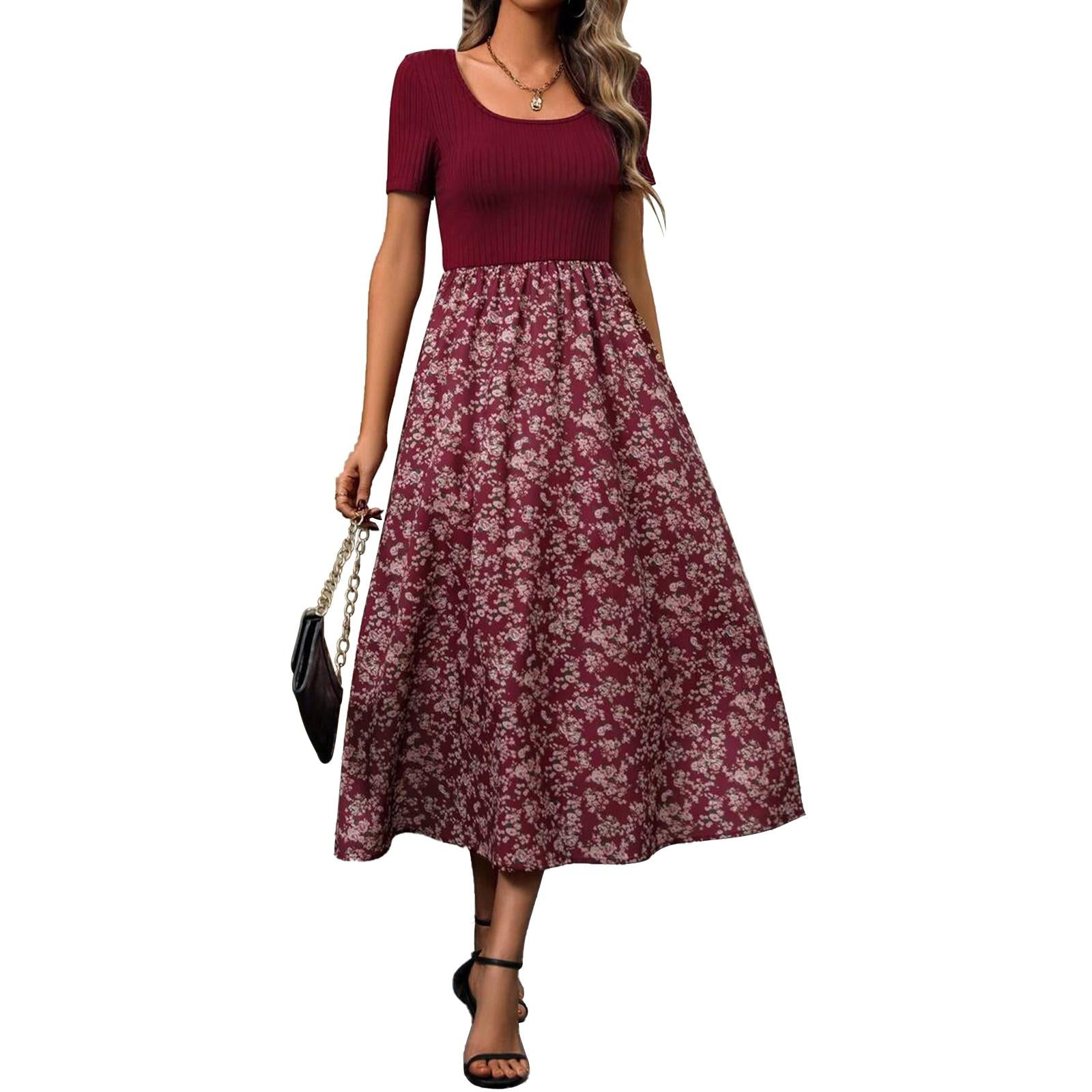Women's Square Neck Short Sleeve Ribbed Knit High Waist Flowy Boho Midi Dress - Floral Accents Casual Dresses for Daily, Holiday Wear, Women's Dresses