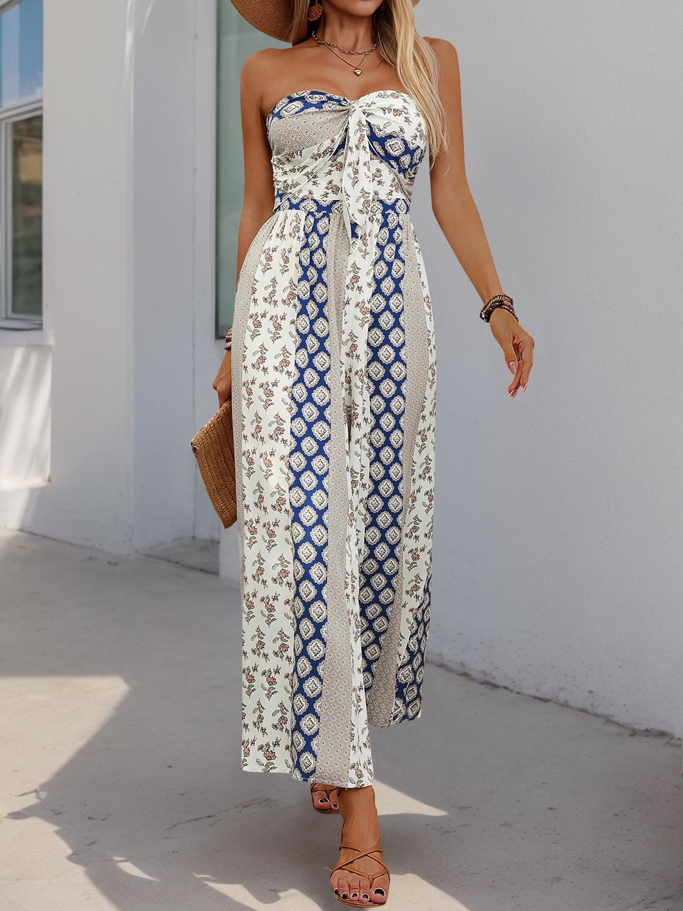 Women's Bohemian Vintage Exotic Strapless Tube Top Jumpsuit - Tie-Front, Soft Viscose, Stretch Waist, Smocked High Waist, Wide Leg, Long Cut, Slimming Summer Printed Beach Vacation Essential Outfit
