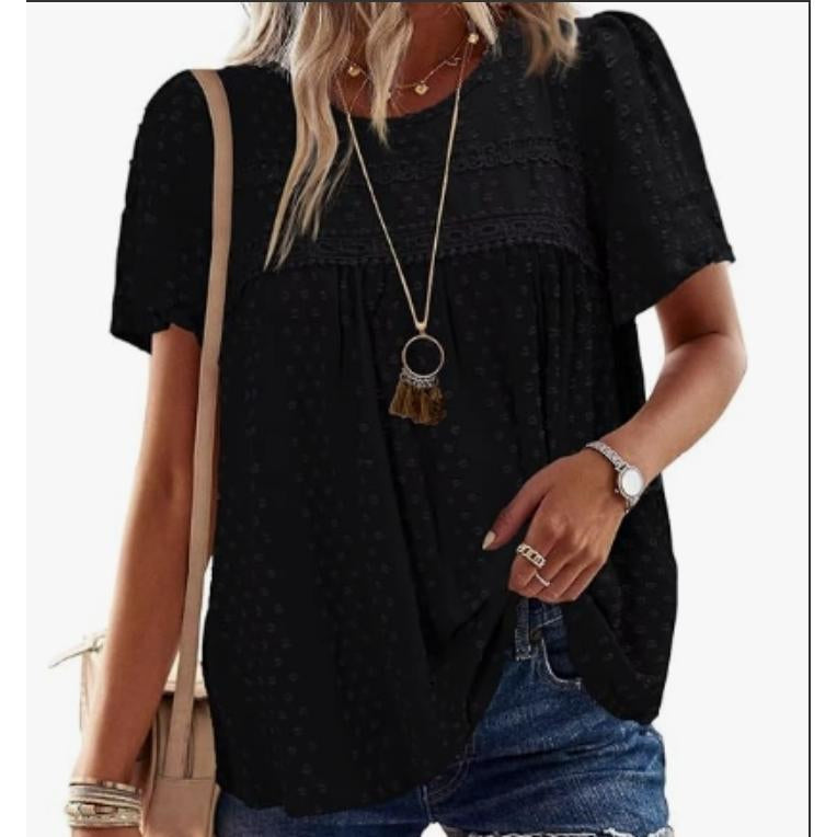 Women Swiss Dot Lace Tunic Top, Round Neck Puff Short Sleeve Loose Flowy Boho Blouse Casual Summer Shirt