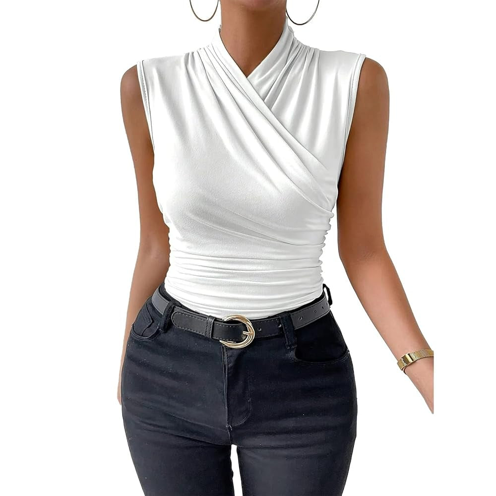 Women Sleeveless Wrap Mock Neck Top, Cross V Front Ruched Slim Fit Stretch Solid Color Tank Top for Going Out Daily Wear