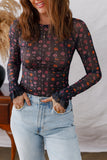 Dear Lover Black Floral Print Smocked Cuff Slim Fit Mesh Bodysuit