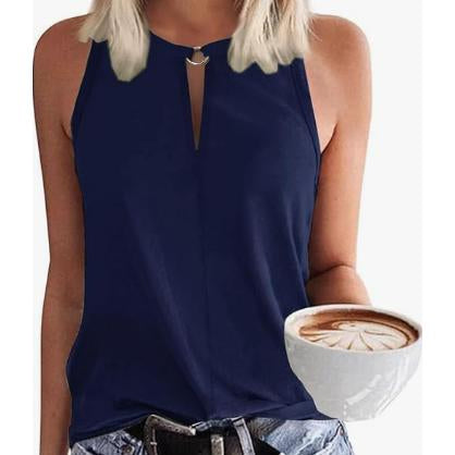 Women's Keyhole Metal Ring Neck Sleeveless Tank Top, Casual Loose Fit Summer Solid Color Basic Halter Tank Shirts