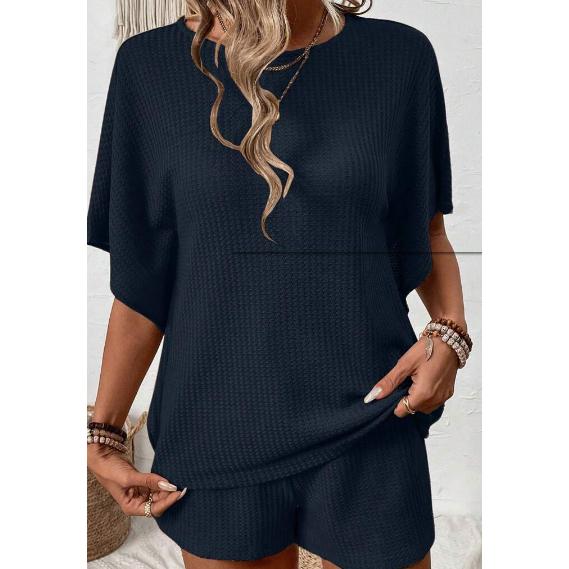 Women's 2-Piece Oversized Lightweight Basic Loose Waffle Knit Loungewear Set - Round Neck Batwing Sleeve Top, Adjustable Drawstring Elastic Shorts for Beach, Nightwear Tracksuit