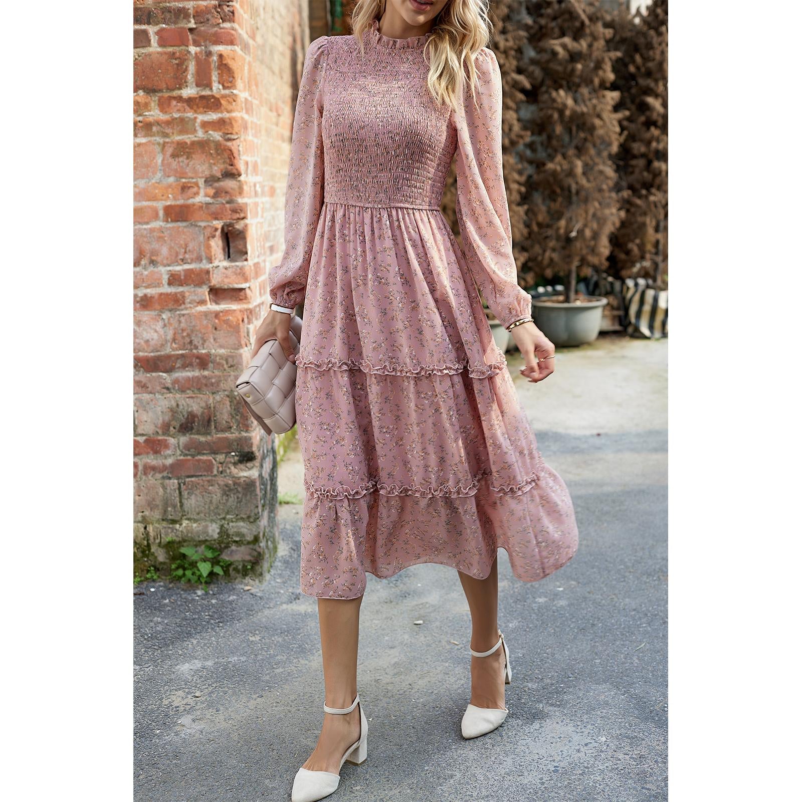 Women's Ditsy Floral Chiffon Midi Dress, Long Sleeve High Neck Smocked Tiered Ruffle Flowy Boho Dress for Spring Fall