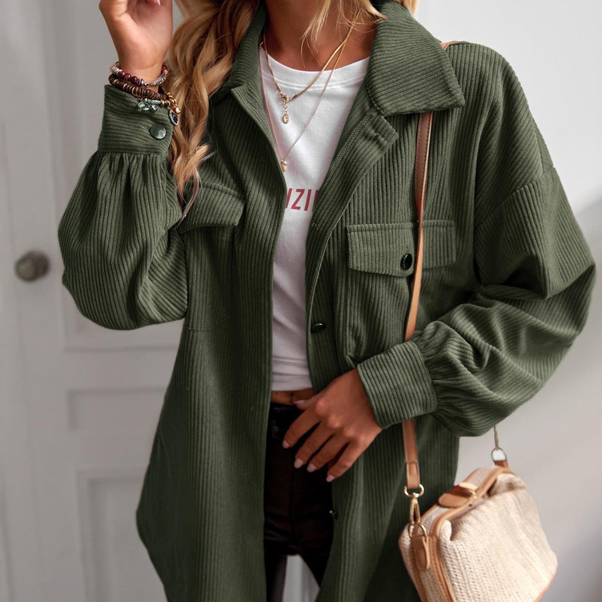 Women's Basic Plain Long Corduroy Shirt Jacket Coats - Collared Neck, Button-Down, Elegant Cuff Sleeves, Comfortable Loose Fit, Tops for Women, Office & Casual Commuter Outerwear with Elegance & Style
