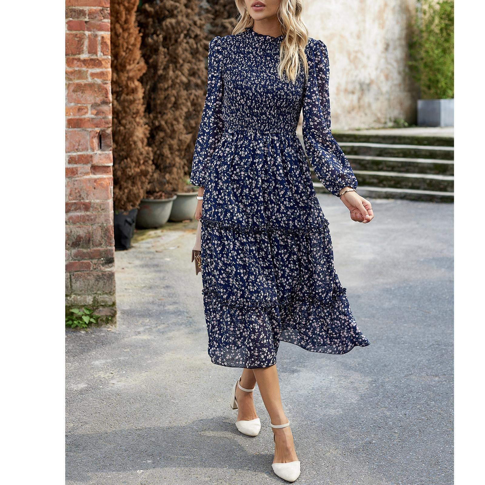 Women's Ditsy Floral Chiffon Midi Dress, Long Sleeve High Neck Smocked Tiered Ruffle Flowy Boho Dress for Spring Fall