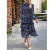 Women's Ditsy Floral Chiffon Midi Dress, Long Sleeve High Neck Smocked Tiered Ruffle Flowy Boho Dress for Spring Fall