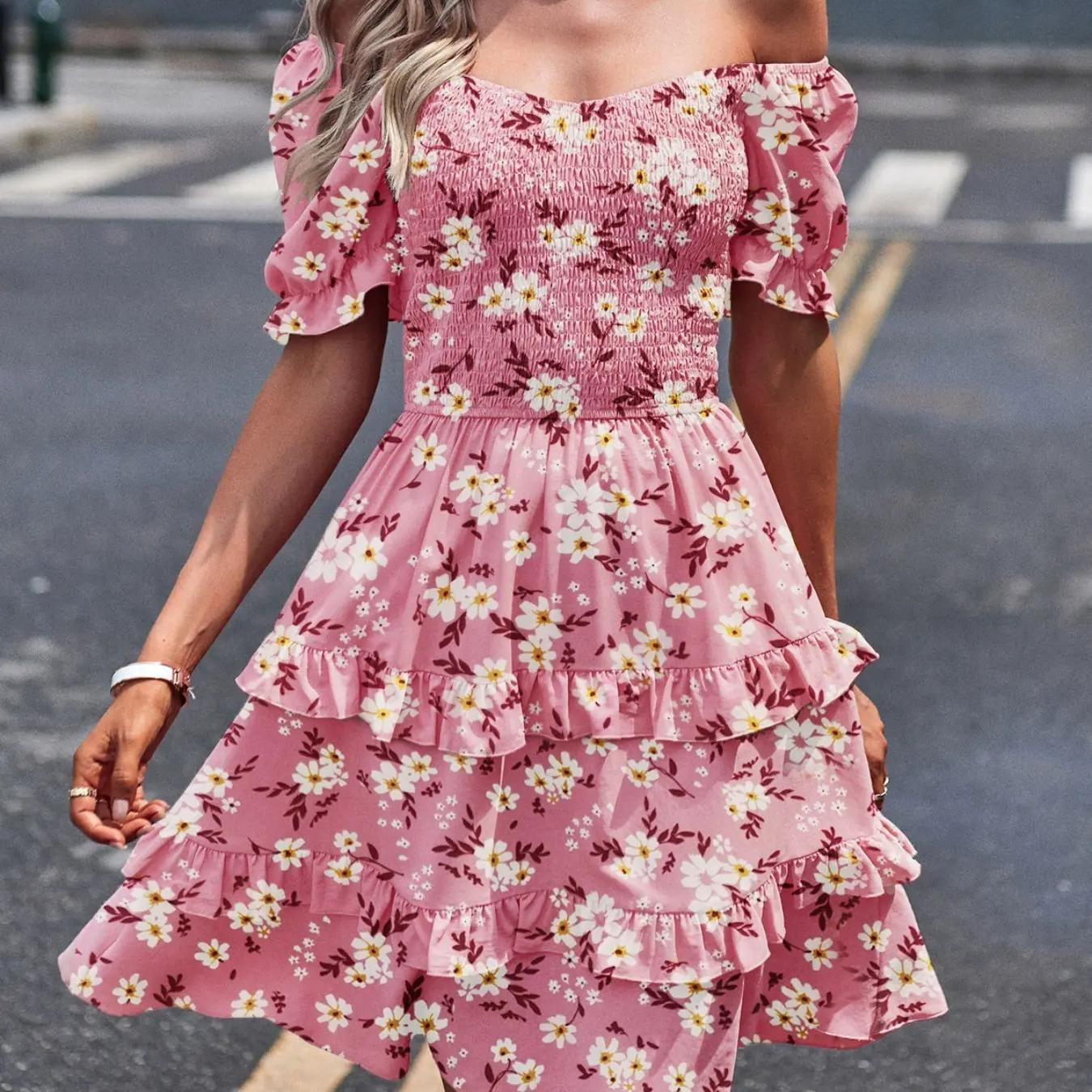 Women’s Comfortable Elegant Off-The-Shoulder Scoop Neck A-Line Mini Dress - Short Puff Sleeves, Ruffle Details, Ditsy Floral Print, Bohemian Pull-On Style for Vacations, Beach