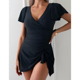 Women's V-Neck Flounce Short-Sleeve Tummy-Control Ruched-Waist Modest 1-Piece Swim Dress, Swimsuit for Women, Ideal for Beach & Pool