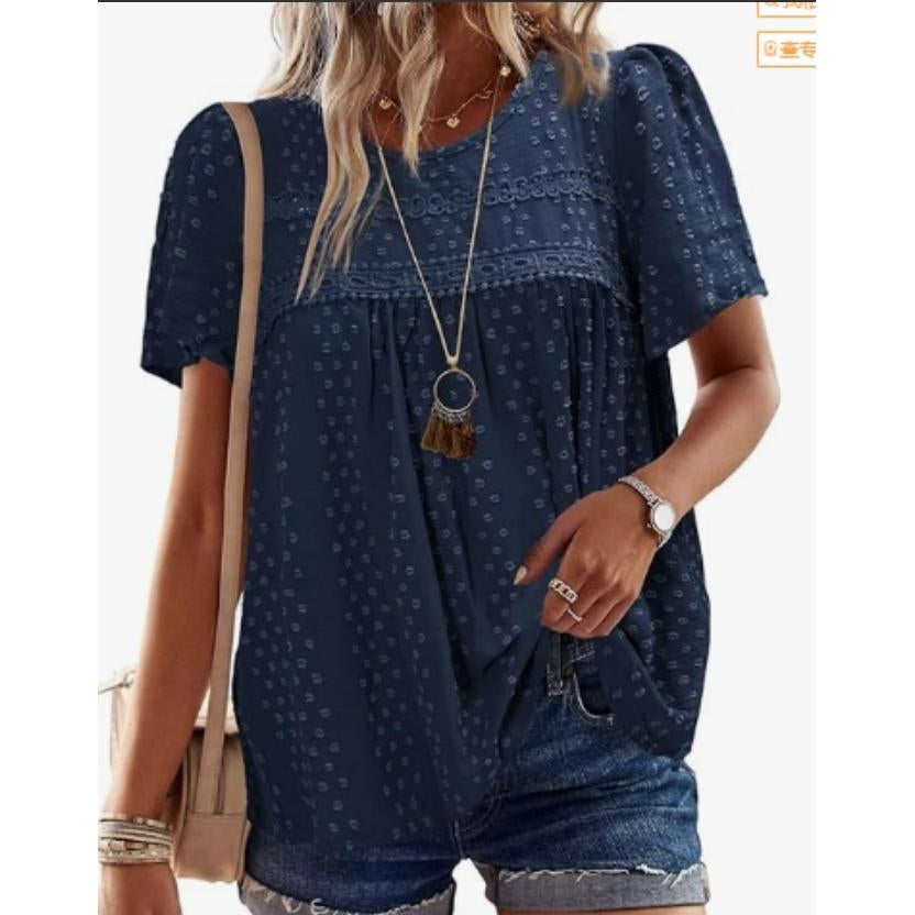 Women Swiss Dot Lace Tunic Top, Round Neck Puff Short Sleeve Loose Flowy Boho Blouse Casual Summer Shirt