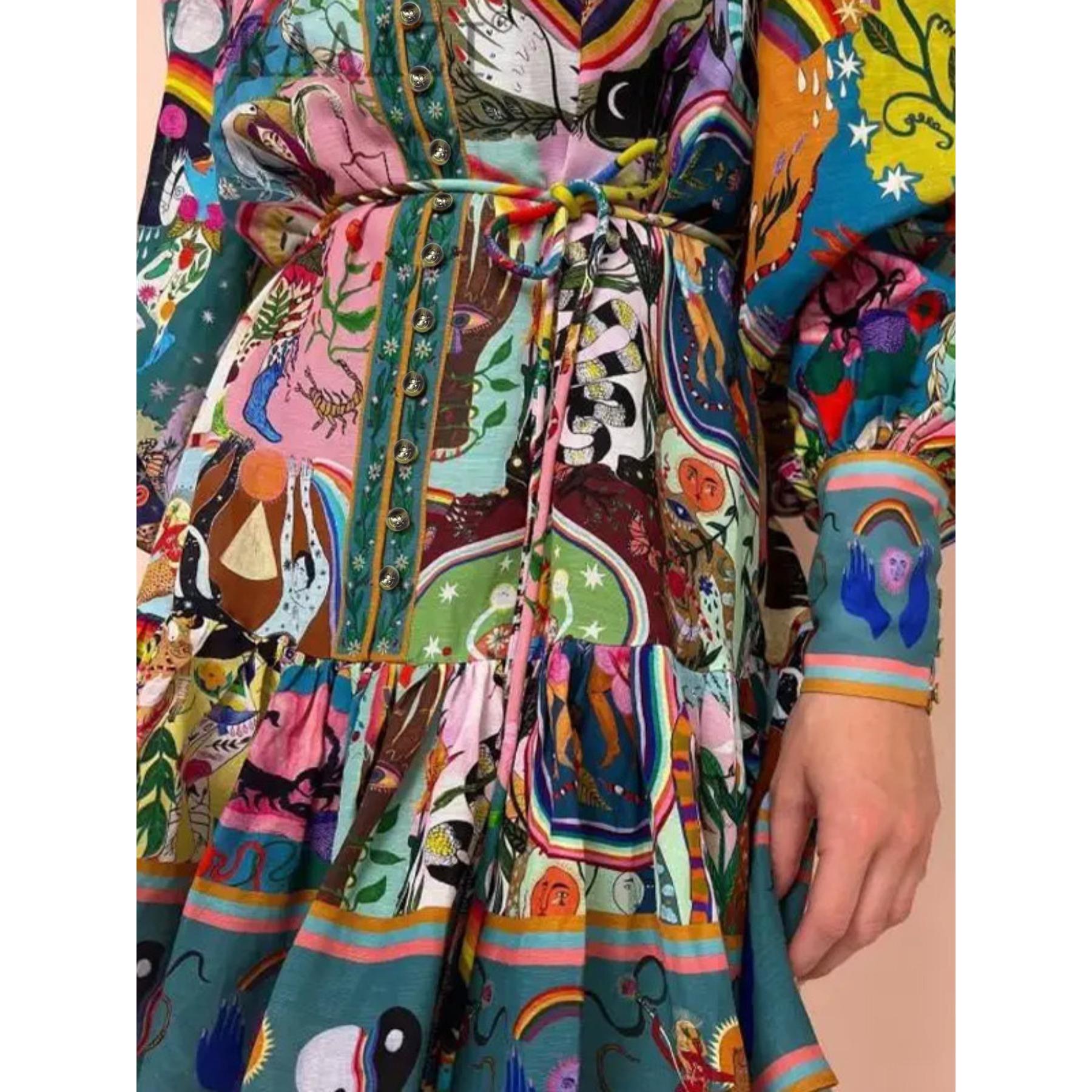 Ladies' Matching Piece Rainbow Psychedelic Print Wrap Dress - Long Puff Sleeves, Stand Collar, Tiered Mini, Comfortable Bohemian Art Graphic Belted Fabric Statement Dress with Accessories