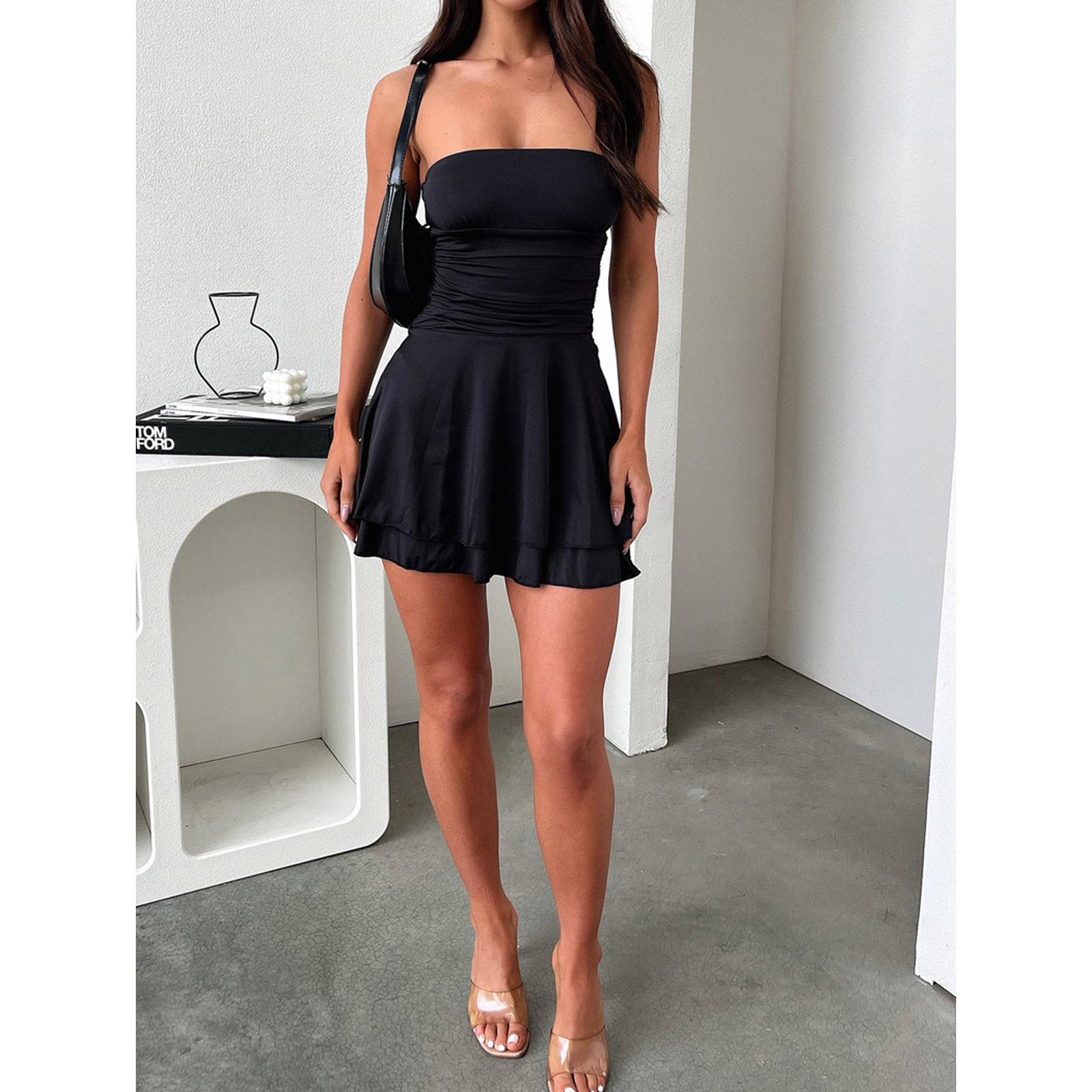 Strapless Tube Top Mini Dress For Women, Ruched Waist Double Layer Ruffle Skirt Party Club Short Dress
