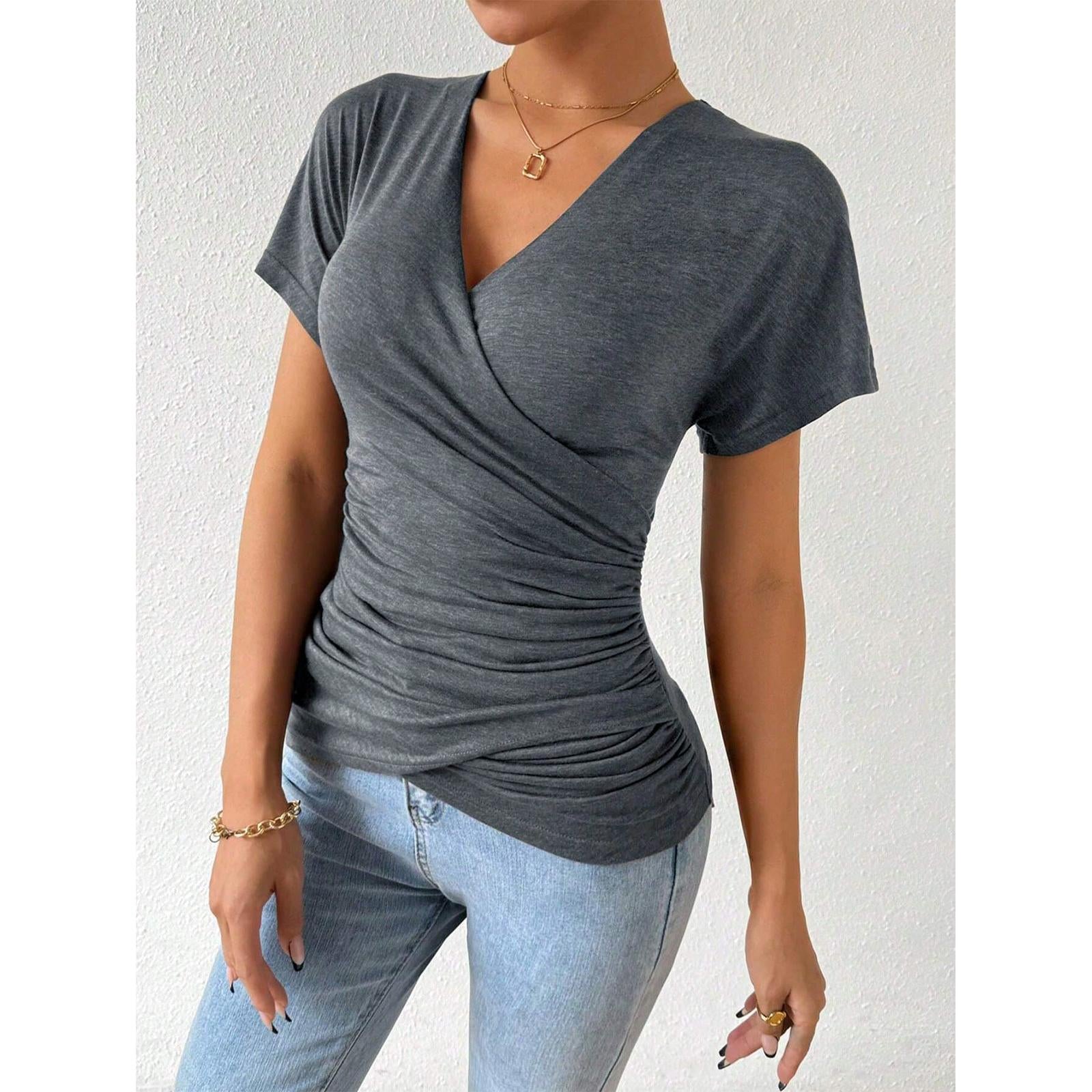 Women Surplice Wrap V Neck Short Sleeve Top, Ruched Waist Slim Fit Casual Solid Color Tee, Summer Elegant T Shirt Blouse for Daily Outing