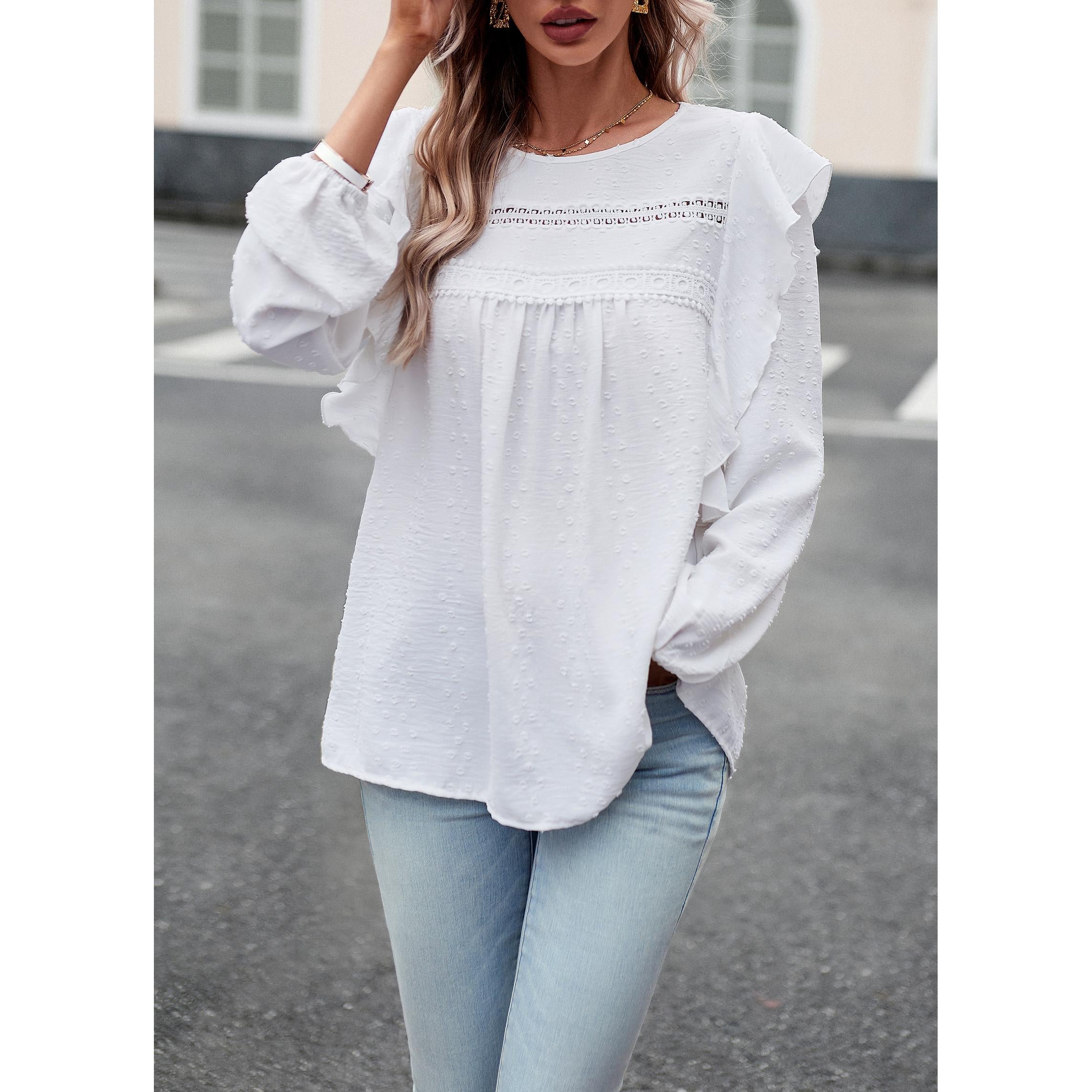 Women's Soft Feminine Swiss Dot Blouse - Long Sleeve, Round Neck with Lace Cutout, Loose Flowy Casual Comfy Boho Tunic Top with Soft Fabric