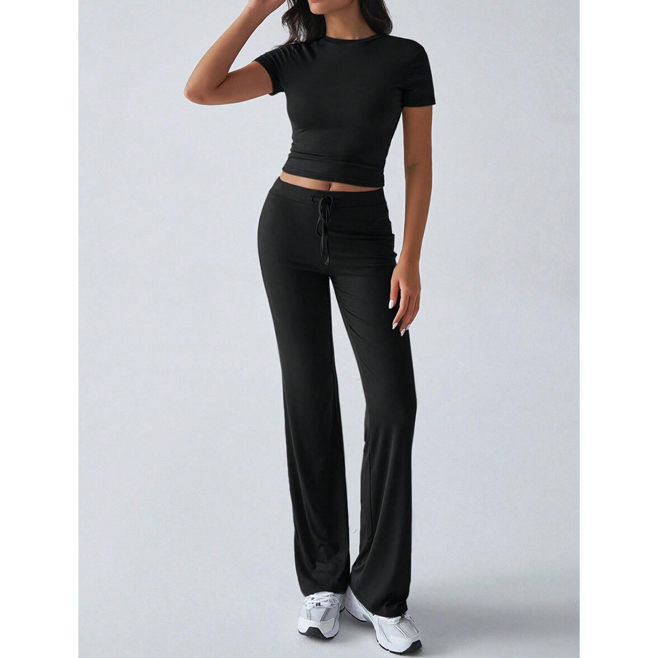 Women's 2-Piece Casual Tracksuit, Short Sleeve Crop Top & High Waist Flare Pants, 2 Piece Sets Women