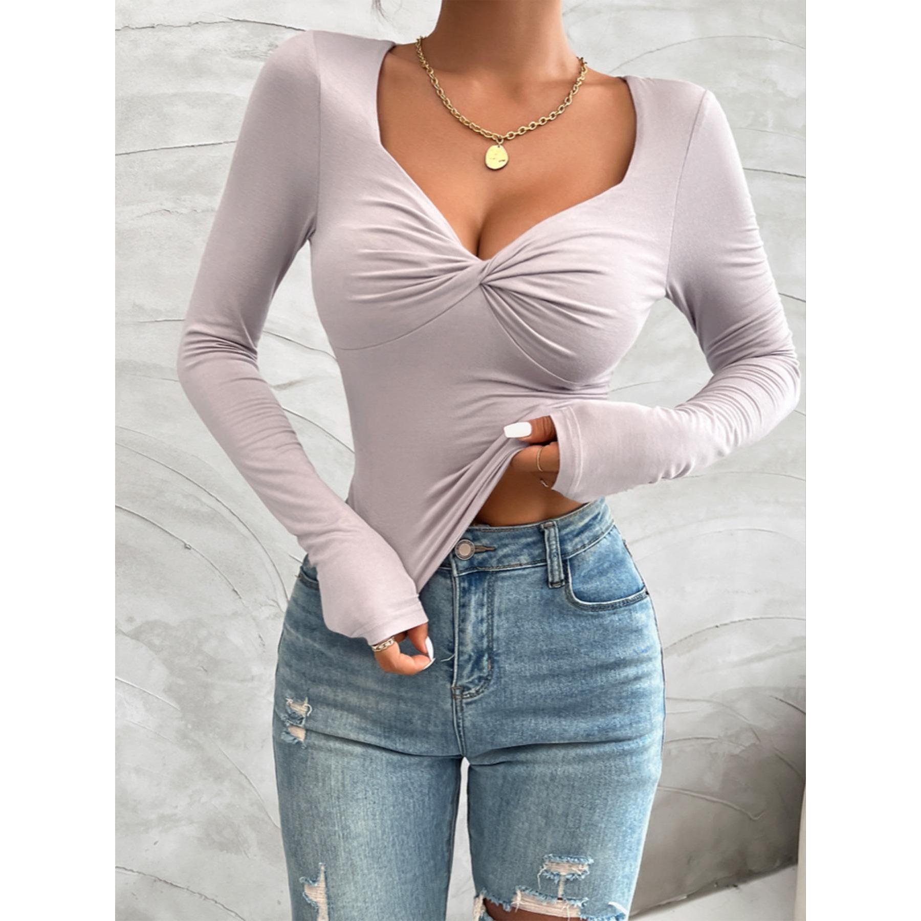 Twist Front V Neck Long Sleeve Top for Women, Slim Fit Thumb Hole Solid Crop Tee, Stretchy Basic Going Out Shirt