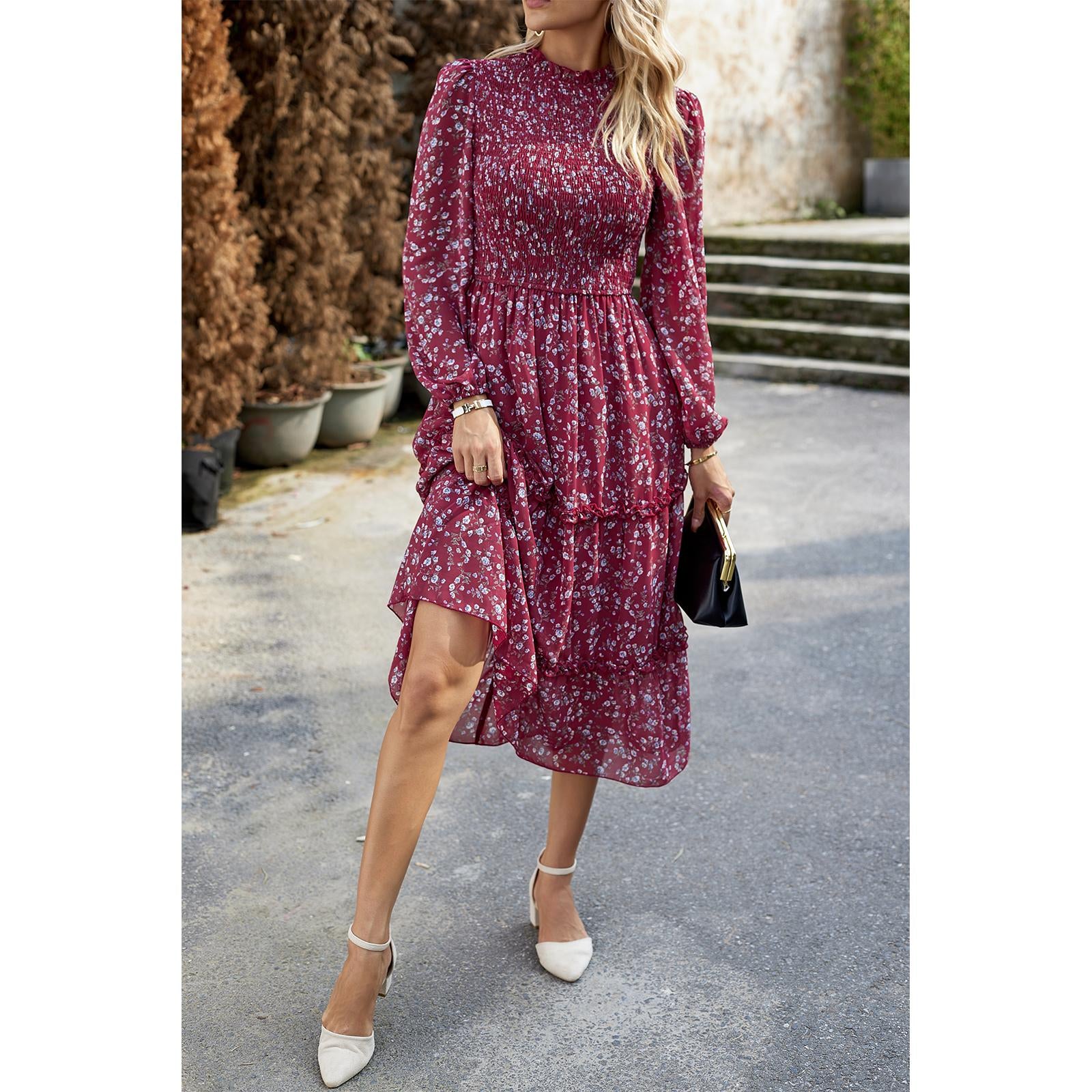 Women's Ditsy Floral Chiffon Midi Dress, Long Sleeve High Neck Smocked Tiered Ruffle Flowy Boho Dress for Spring Fall