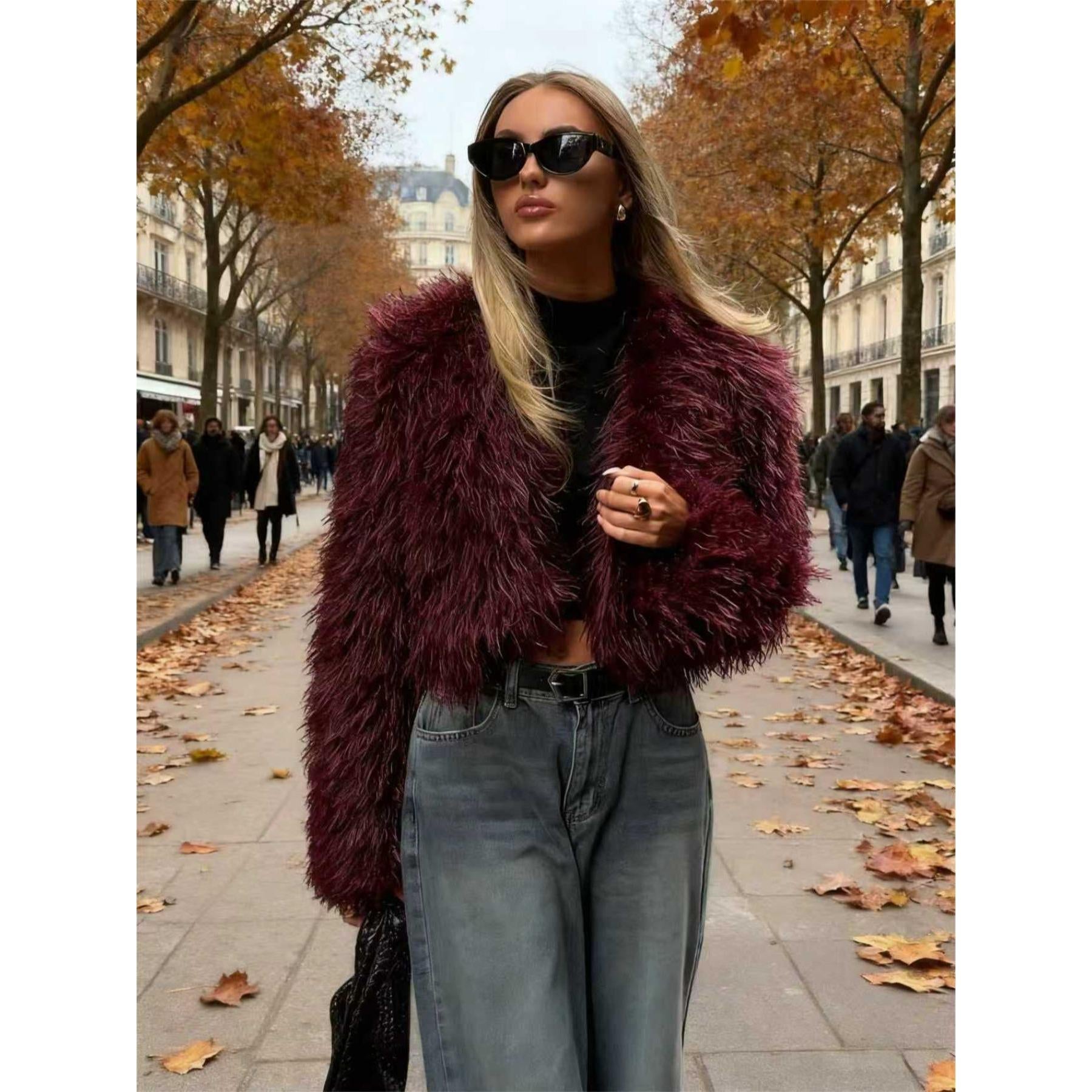 Women Shaggy Faux Fur Cropped Jacket, Long Fluffy Mongolian Faux Fur Open Front Short Coat, Trendy Fall Winter Streetwear Outerwear for Night Out Party