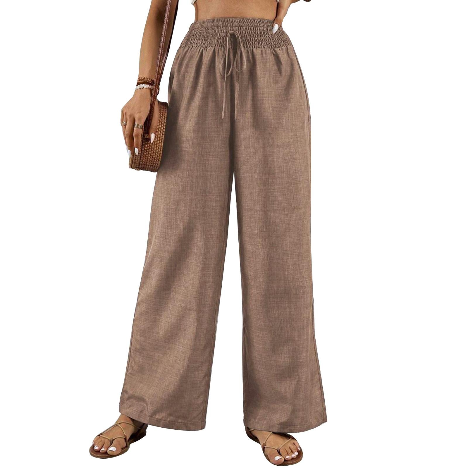 Women's Elastic High Waist Breathe-Fabric Wide Leg Pants - Adjustable Drawstring, Flowing Cut Casual Outfits Women Summer Beach Trousers