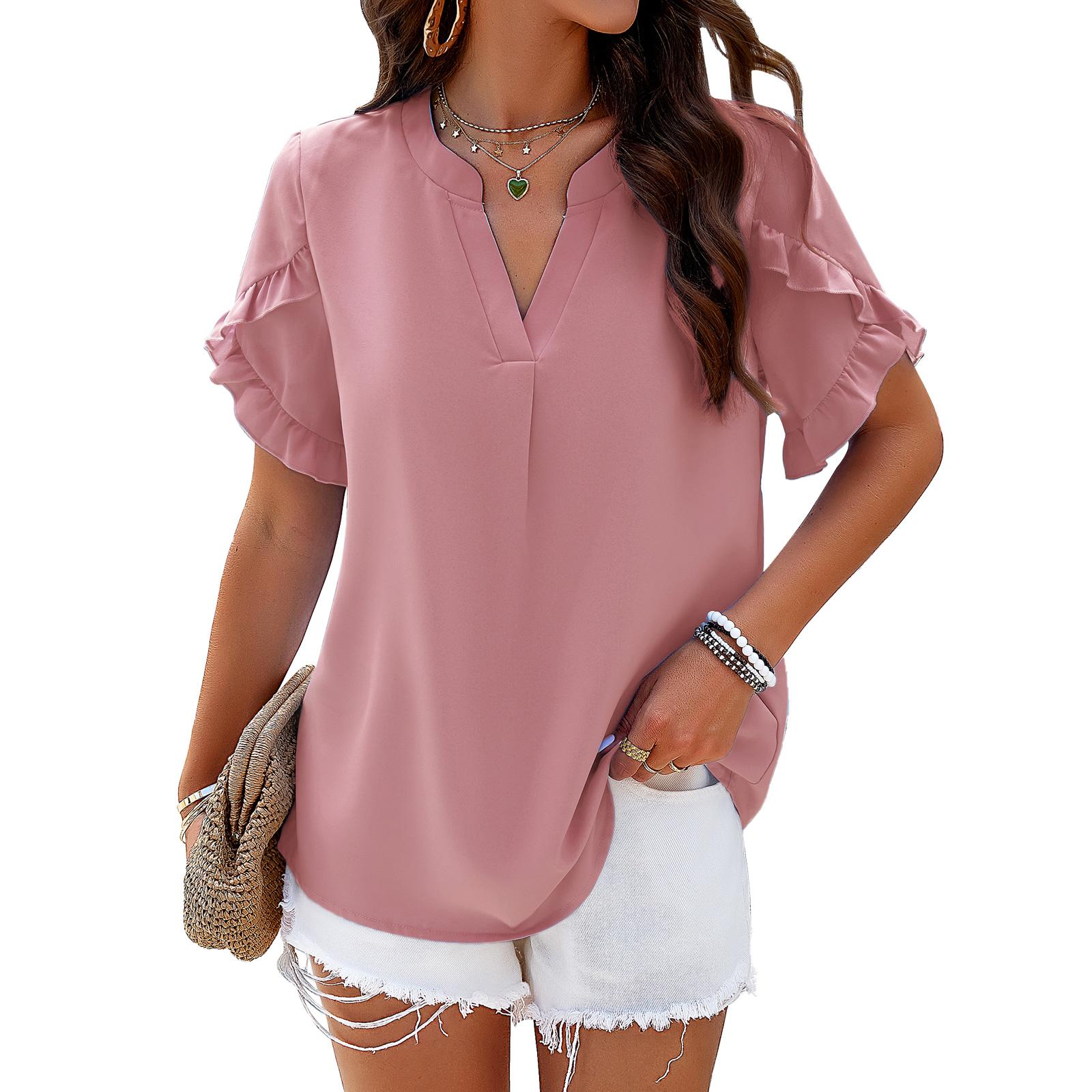 Women Split V Neck Ruffle Short Sleeve Blouse, Loose Flowy Solid Color Summer Chiffon Tunic Top Casual Stand Collar Shirt