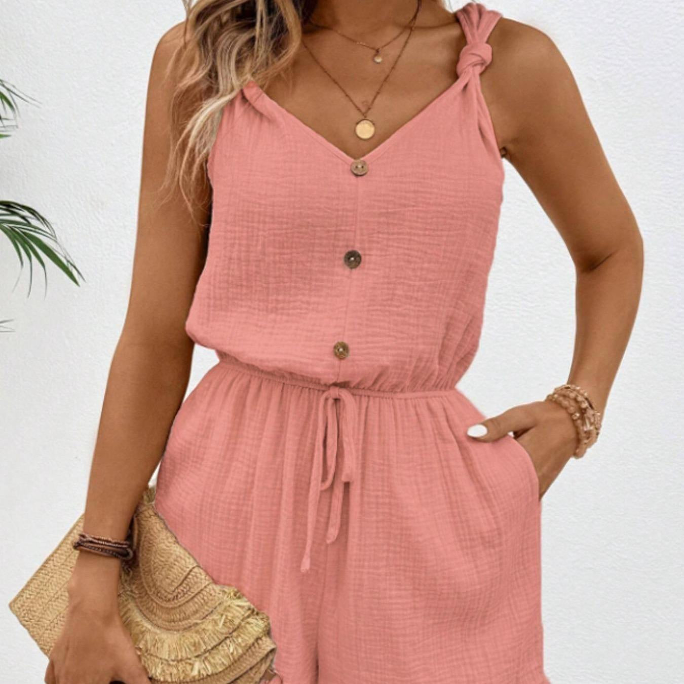 Women's Sleeveless Fitted Crinkle Breathable Romper - Adjustable Elastic Waist, Knot Spaghetti Straps, V-Neck, Drawstring, Button, Pockets, Beach Summer Casual Outdoor Shorts Jumpsuit