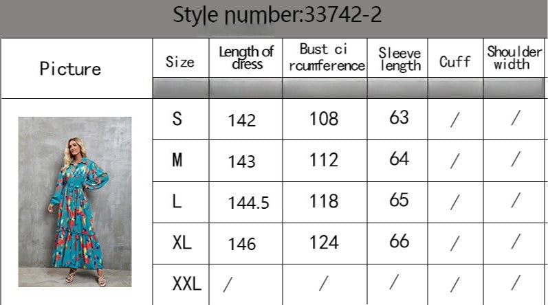 Women Printed Single-Breasted Lace-Up Waist Lantern Sleeve Dress