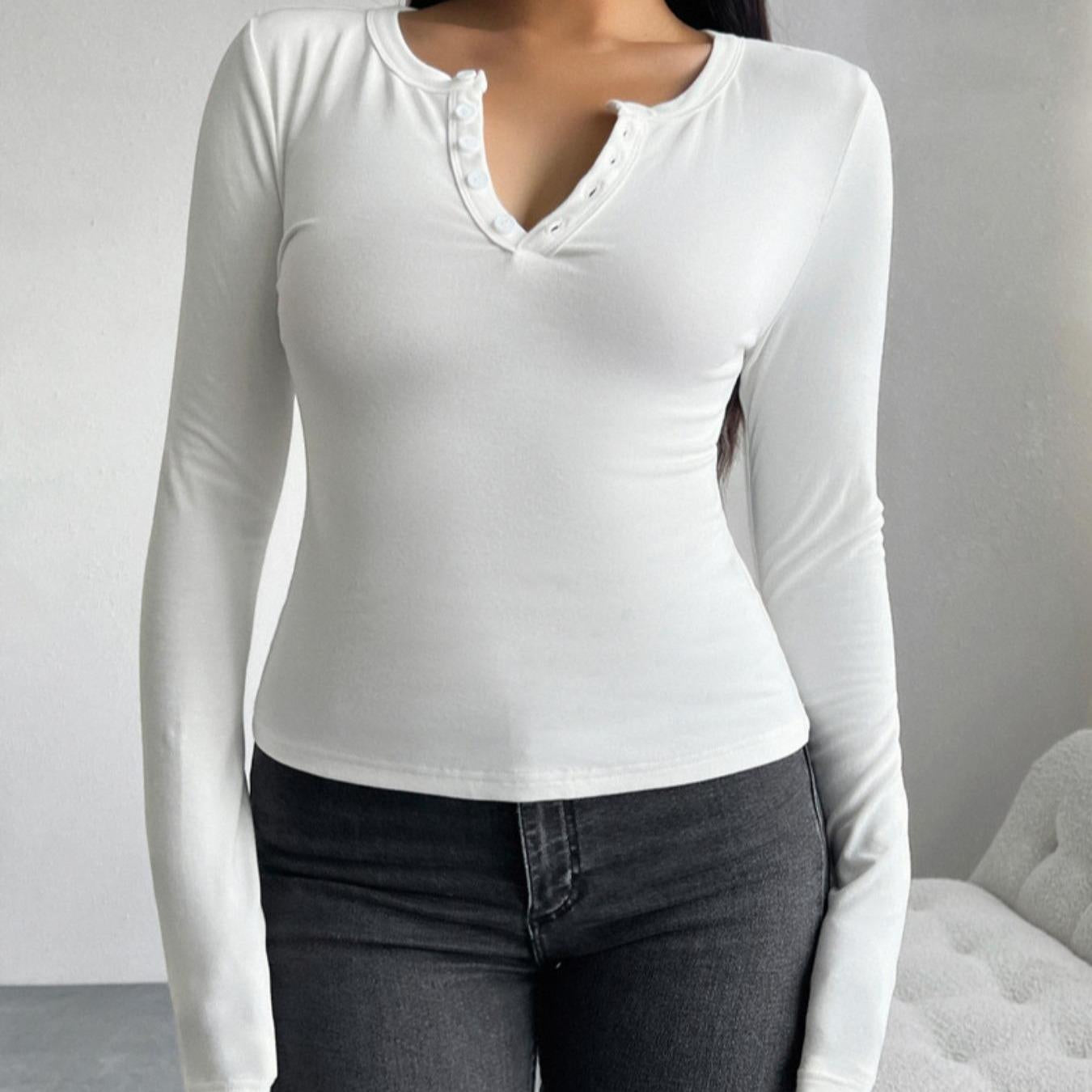 Women's Slim Fit Henley Long Sleeve Crop Top - Soft Stretchy Knit Basic Tee with Thumb Hole Cuffs, Button V-Neck - Casual Y2K Streetwear Daily Top