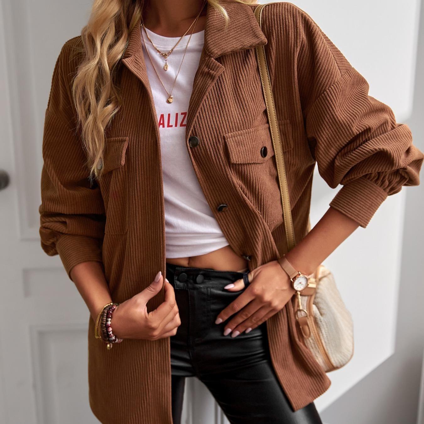 Women's Basic Plain Long Corduroy Shirt Jacket Coats - Collared Neck, Button-Down, Elegant Cuff Sleeves, Comfortable Loose Fit, Tops for Women, Office & Casual Commuter Outerwear with Elegance & Style