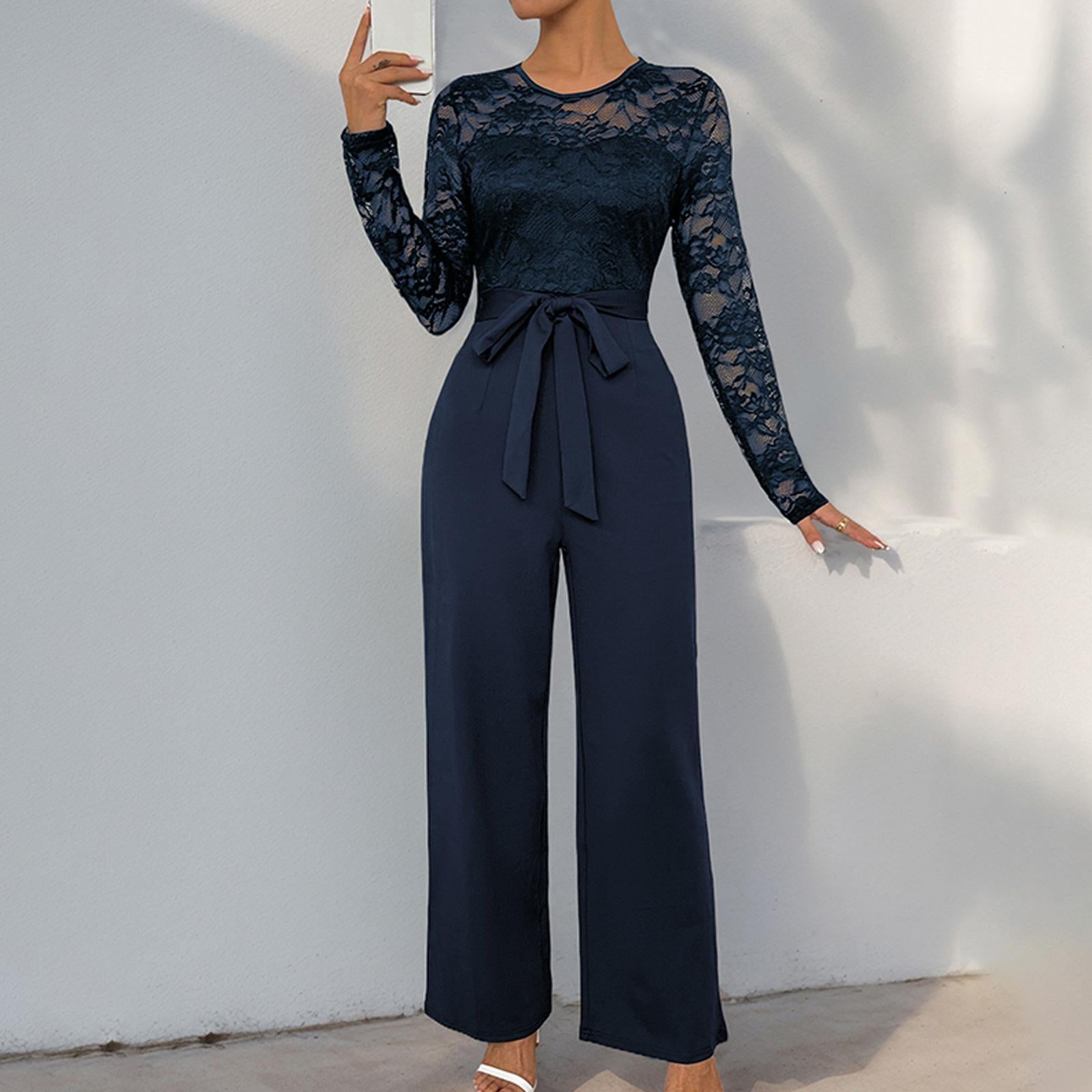 Elegant Lace Long Sleeve Jumpsuit for Women, Belted High Waist Wide Leg Formal Romper, Evening Party Wedding Guest Outfit