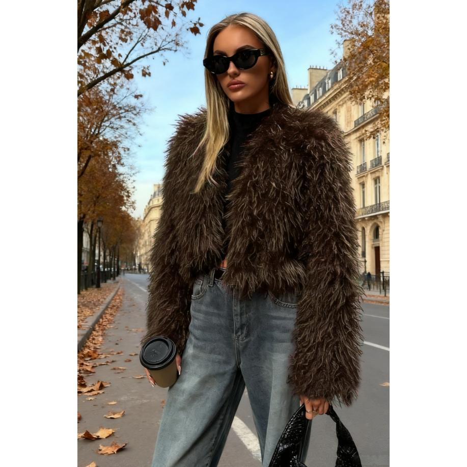 Women Shaggy Faux Fur Cropped Jacket, Long Fluffy Mongolian Faux Fur Open Front Short Coat, Trendy Fall Winter Streetwear Outerwear for Night Out Party